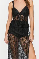 Women's Sheer Lace Slit Midi Dress in Black Small