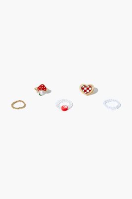 Women's Mushroom & Heart Ring Set in Red/Gold, 7