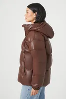 Women's Faux Leather Zip-Up Puffer Jacket in Brown Small