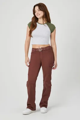 Women's Belted Denim Cargo Jeans in Brown, 27