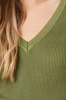 Women's Ribbed Knit V-Neck Sweater in Olive Medium