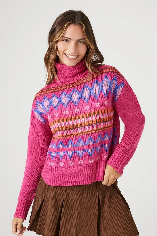 Women's Turtleneck Geo Print Sweater in Pink Medium