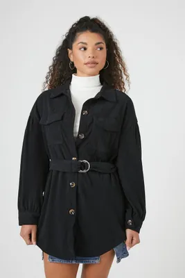 Women's Belted Corduroy Shacket in Black Large