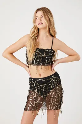 Women's Sequin Cropped Cami & Skirt Set in Black/Gold Small