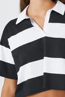 Women's Cropped Striped Polo Shirt in Black/White Small