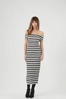 Women's Striped Off-the-Shoulder Midi Dress in Black/Vanilla Medium