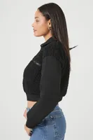 Women's Faux Shearling Cropped Bomber Jacket in Black, XS