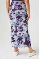 Women's Abstract Floral Print Mesh Maxi Skirt in Purple Small