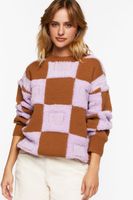 Women's Fuzzy Checkered Sweater in Purple/Brown Large