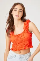 Women's Ruffle Shirred Crop Top in Bright Orange Medium