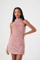 Women's Shaggy Faux Fur Mini Halter Dress Pale