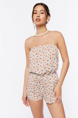 Women's Ditsy Floral Print Strapless Romper in Blue Small