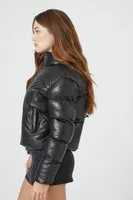 Women's Faux Leather Quilted Puffer Jacket in Black Large