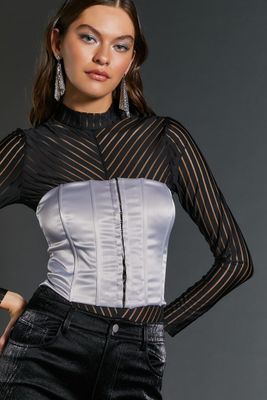 Women's Satin Hook-and-Eye Corset Crop Top in Silver Large