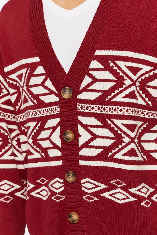 Men Geo Print Cardigan Sweater in Burgundy/Cream Large