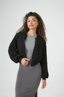 Women's Popcorn Knit Bomber Jacket in Black, XL