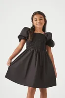 Girls Poplin Puff-Sleeve Dress (Kids) in Black, 5/6