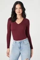 Women's Seamless Ribbed V-Neck Bodysuit in Wine Medium