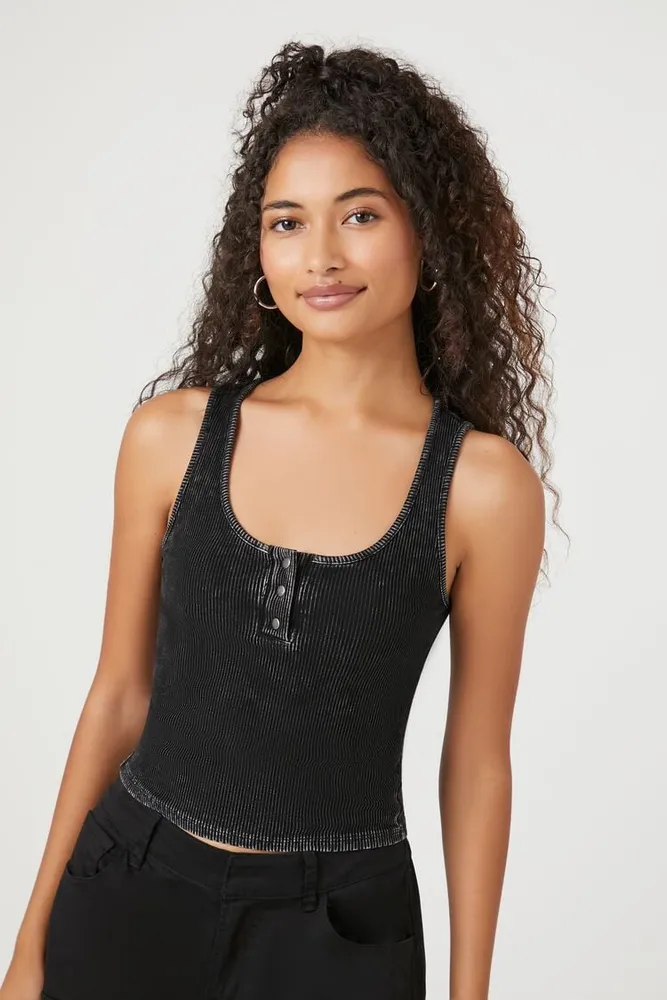 Women's Acid Wash Ribbed Tank Top in Black Large