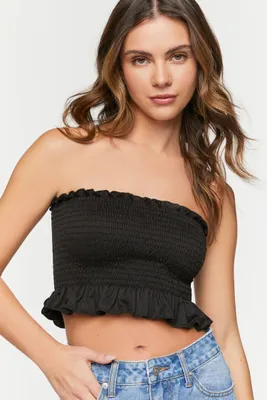 Women's Smocked Ruffle-Trim Tube Top in Black Small