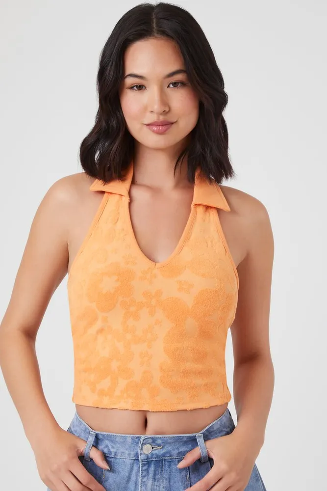 Women's Floral Print Halter Crop Top in Island Mango Large