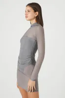 Women's Sheer Ruched Mini Dress in Dark Grey Medium