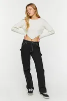 Women's Ribbed V-Hem Long-Sleeve Crop Top in Vanilla Medium