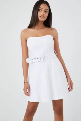 Women's Belted Sweetheart Mini Dress in White Small