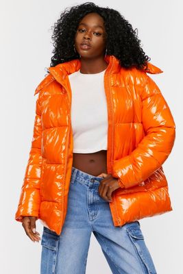 Women's Hooded Puffer Jacket in Kumquat Medium