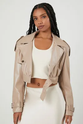 Women's Cropped Faux Leather Jacket in Tan Small