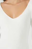 Women's Ribbed Knit V-Neck Sweater in White, XL