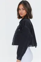 Women's Basic Cropped Frayed Denim Jacket in Black Small