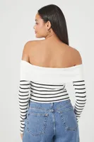 Women's Striped Off-the-Shoulder Sweater in White Large