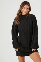 Women's Cable Knit Sweater Mini Dress in Black, XL