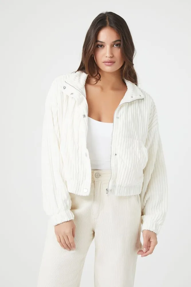 Women's Ribbed Cropped Bomber Jacket in White, XL