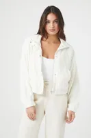 Women's Ribbed Cropped Bomber Jacket in White, XL