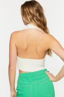 Women's Sleeveless Halter Sweater-Knit Crop Top Cream