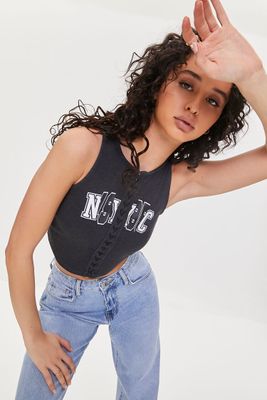 Women's NYC Graphic Lace-Up Crop Top in Black/White Large