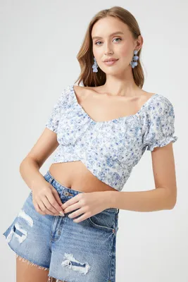 Women's Floral Surplice Tie-Back Crop Top in White Large