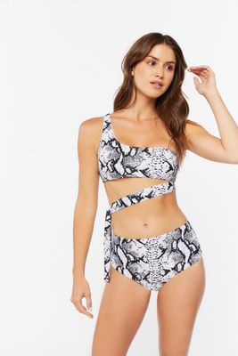 Women's Snake Print One-Shoulder Monokini Swimsuit in White/Black Small