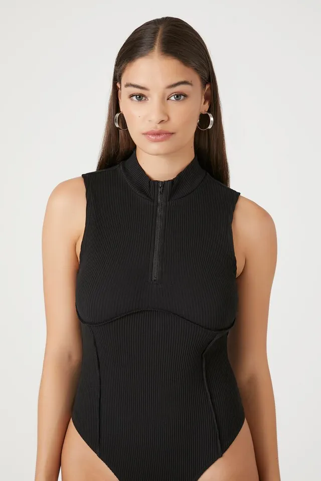 Forever 21 Women's Ribbed Half-Zip Bodysuit in Black, XL