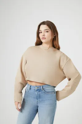 Women's French Terry Cropped Pullover in Beige Large