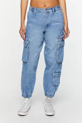 Women's Mid-Rise Denim Cargo Joggers in Medium Denim Large