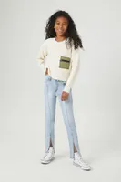 Girls Distressed Colorblock Sweater (Kids) in Cream, 11/12