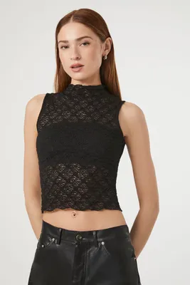 Women's Mock Neck Lace Crop Top in Black, XS