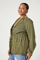 Women's Twill Tie-Waist Shacket in Olive, 1X