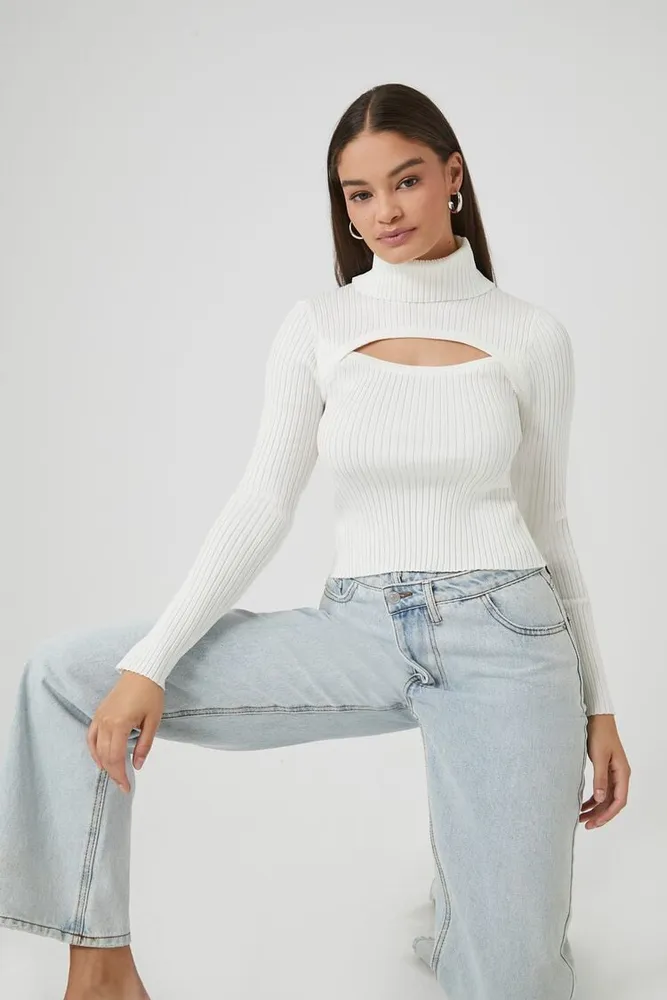 Women's Turtleneck Cutout Sweater in Vanilla, XS