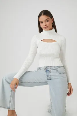 Women's Turtleneck Cutout Sweater in Vanilla, XS