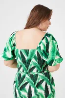 Women's Tropical Leaf Print Top in Green, 2X