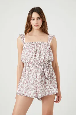 Women's Floral Print Tie-Front Romper in Cream, XS